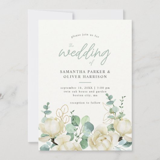 Elegante Magnolia Eucalyptus Bruiloft Details en Kaart (Voorkant)