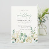 Elegante Magnolia Eucalyptus Bruiloft Details en Kaart (Staand voorkant)