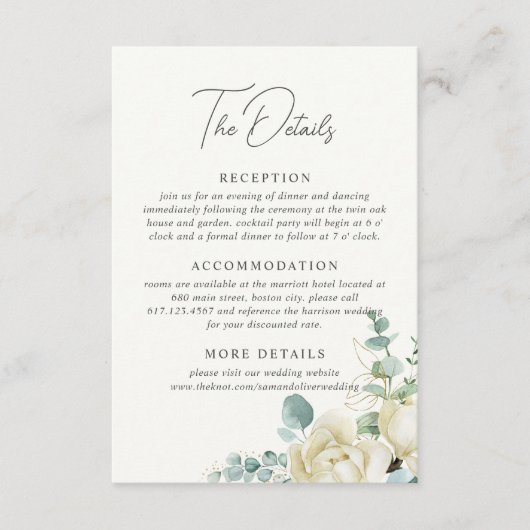 Elegante Magnolia Eucalyptus bruiloft details Informatiekaartje (Voorkant)