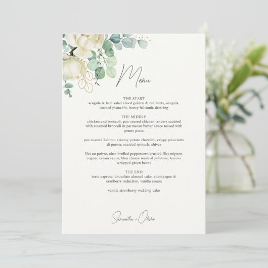 Elegante Magnolia Eucalyptus bruiloft Menu (Staand voorkant)