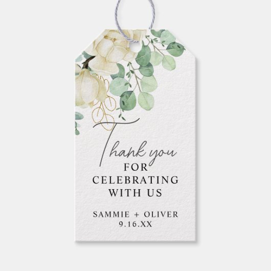 Elegante Magnolia Eucalyptus Dank u bruiloft Cadeaulabel (Voorkant)