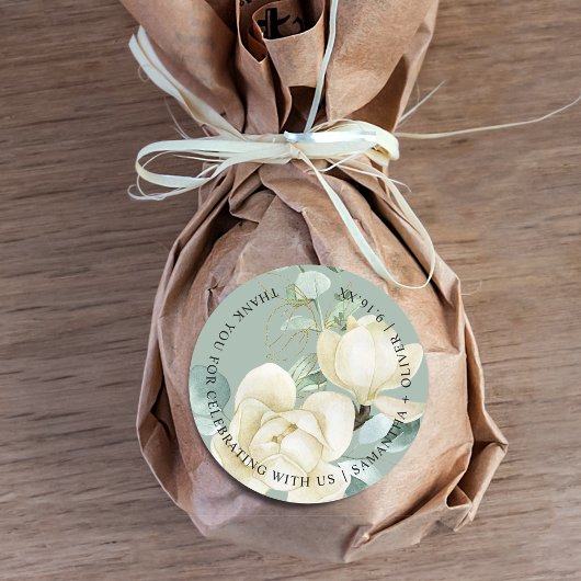 Elegante Magnolia Eucalyptus Dank u bruiloft Ronde Sticker