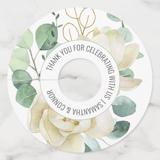 Elegante Magnolia Eucalyptus groen bruiloft gunst Wijnglaslabel (Voorkant)