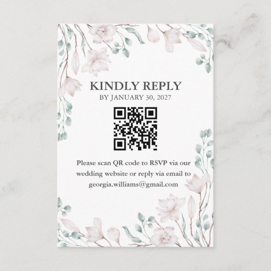 Elegante Magnolia Eucalyptus QR Code RSVP ENC Informatiekaartje (Voorkant)
