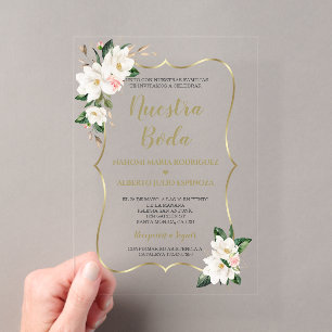 Elegante Magnolia Goud Spaanse Nuestra Boda Acryl Uitnodigingen