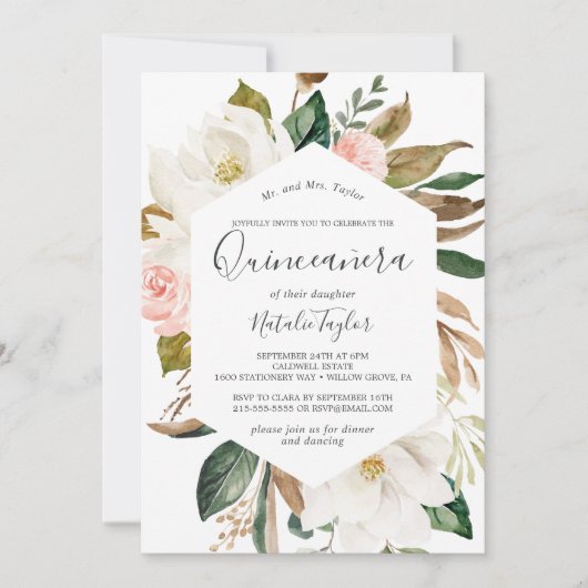 Elegante Magnolia | Quinceañera in wit en blosrood Kaart (Voorkant)