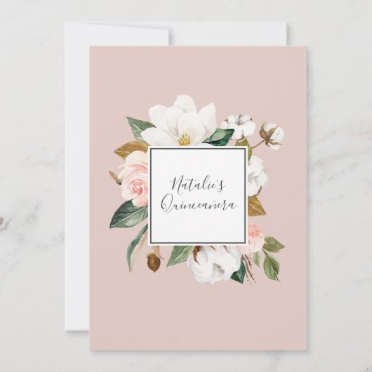 Elegante Magnolia | Quinceañera in wit en blosrood Kaart (Achterkant)