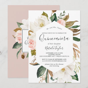 Elegante Magnolia Quinceañera in wit en blosrood Kaart