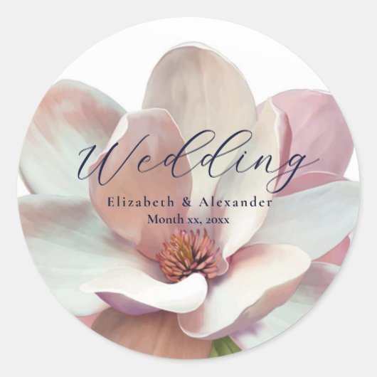 Elegante Magnolia roze en witte bruiloft Ronde Sticker (Voorkant)