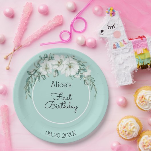 Elegante Magnolia Witte Pastel Groen 1e Verjaardag Papieren Bordje (Feest)
