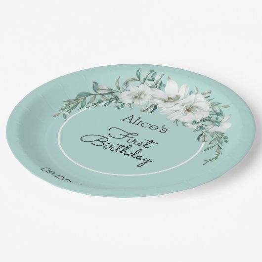 Elegante Magnolia Witte Pastel Groen 1e Verjaardag Papieren Bordje (Gekanteld)