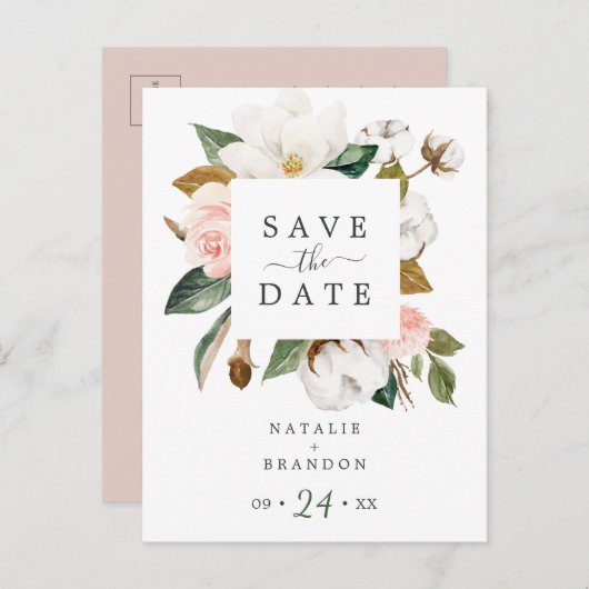 Elegante Magnolia | Witte Save the Date-ansichtkaa Uitnodiging Briefkaart (Voorkant / Achterkant)