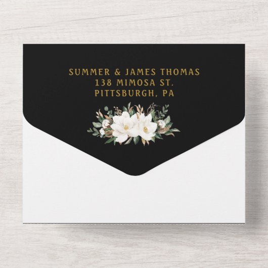 Elegante Magnolias Katoen Bloemen Groen Bruiloft All In One Uitnodiging (Achterkant)