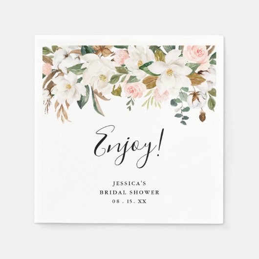 Elegante Magnolia's & Katoenen Bruiloftsontbijt Se Servet (Voorkant)