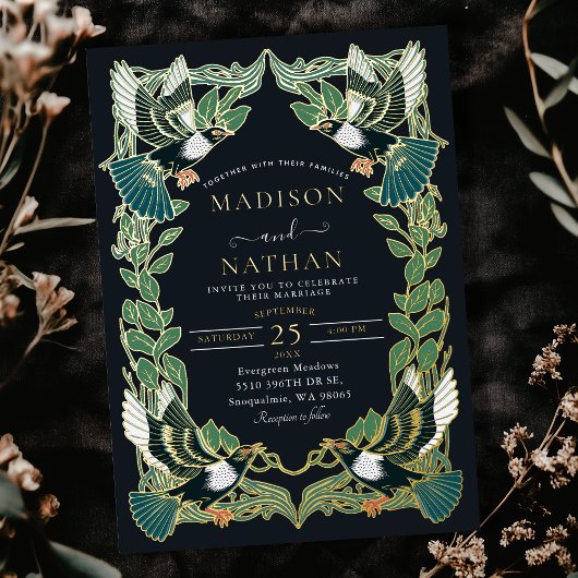 Elegante Magpie Art Nouveau bruiloft Folie Uitnodiging