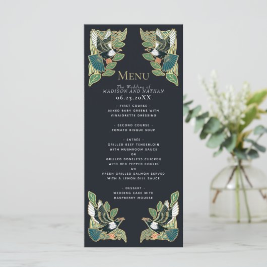 Elegante Magpie Art Nouveau bruiloft Menu (Staand voorkant)