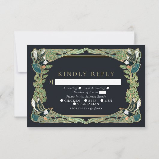 Elegante Magpie Art Nouveau bruiloft RSVP (Voorkant)