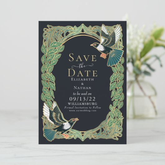Elegante Magpie Art Nouveau bruiloft Save the Date Kaart (Staand voorkant)