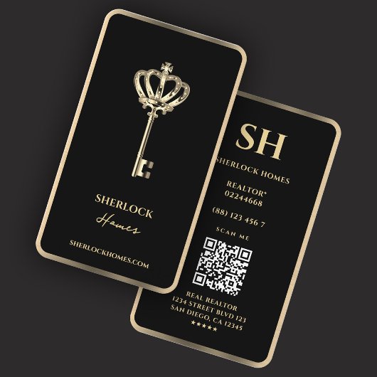 Elegante makelaar Crown Key Black Faux Gold Trim Visitekaartje