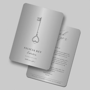 Elegante makelaar onroerend goed zilveren sleutel bedankkaart