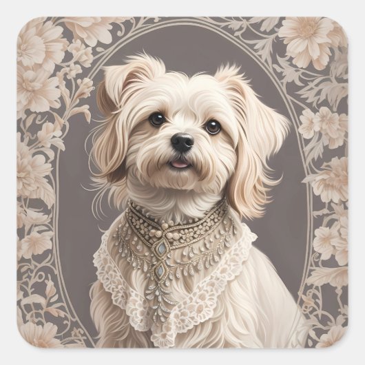 Elegante Maltese hond William Morris geïnspireerd Vierkante Sticker (Voorkant)