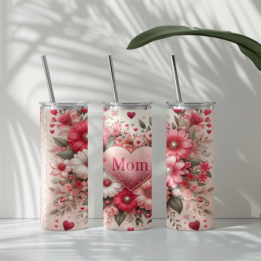 Elegante mam in hart, omringd door roze bloemen thermosbeker