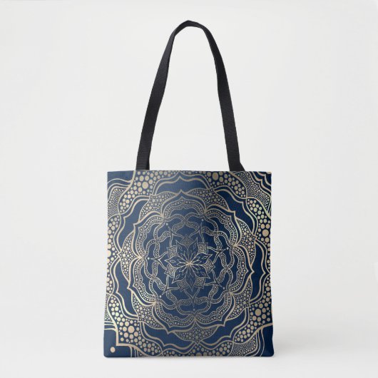 Elegante Mandala Art Boho Gold en Navy Blue Luxe Tote Bag (Voorkant)