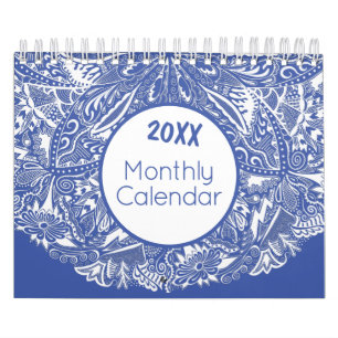 Elegante Mandala Art Kleurrijk Blauw Wit Maandelij Kalender