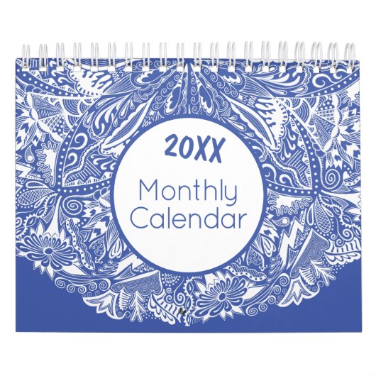 Elegante Mandala Art Kleurrijk Blauw Wit Maandelij Kalender (Hoes)