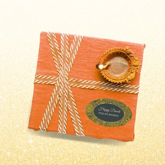 Elegante mandala diyas hindoe aangepaste gouden di ovale sticker