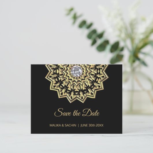 Elegante Mandala Indian Black Wedding SAVE THE DAT Aankondigingskaart (Staand voorkant)