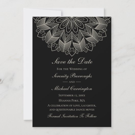 Elegante Mandala Indian Boho Black Save the Date Aankondiging (Voorkant)