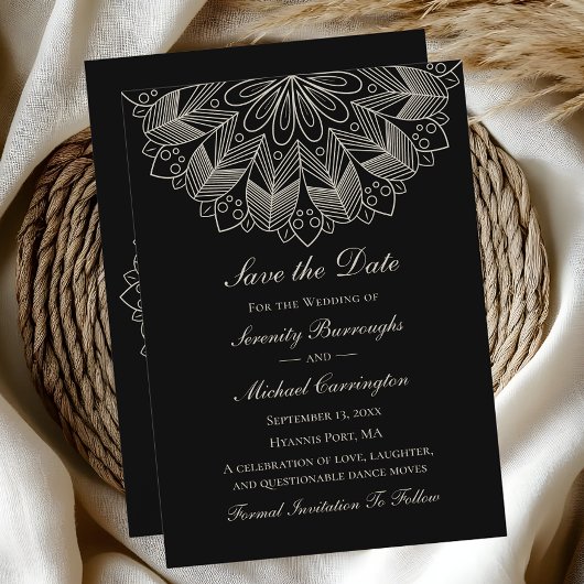 Elegante Mandala Indian Boho Black Save the Date Aankondiging
