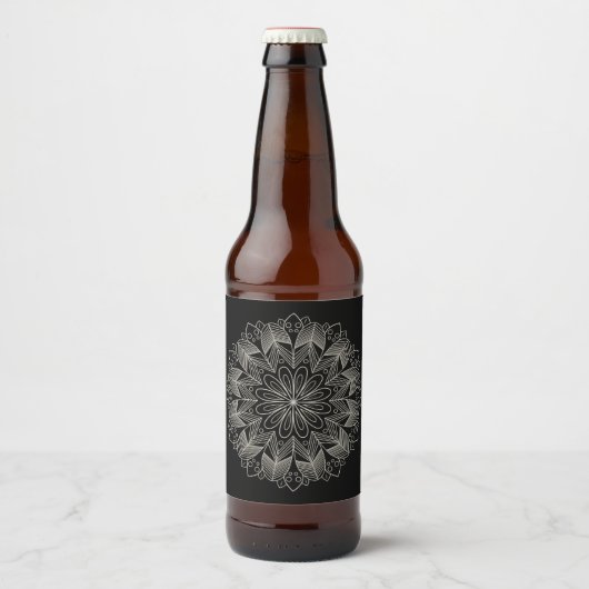 Elegante Mandala Indiase Boho Chic Zwarte Bruiloft Bier Etiket (Voorkant)