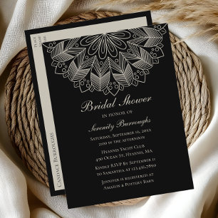 Elegante Mandala Indiase Boho Zwarte Bruiloftsdouc Uitnodiging Briefkaart