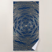Elegante Mandala Kunst Boho Goud en Marineblauw Lu Strandlaken (Voorkant)