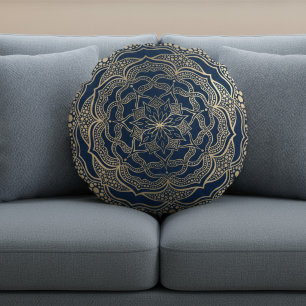 Elegante Mandala Kunst Boho Luxe Goud en Marinebla Rond Kussen