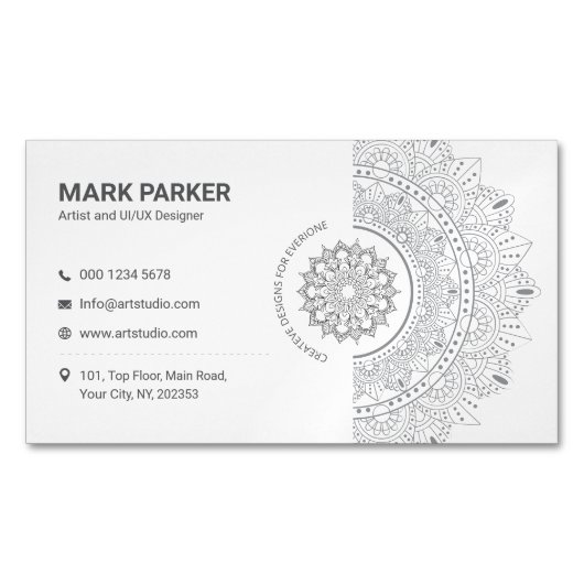 Elegante Mandala Kunststudio Witte Creatieve Magnetisch Visitekaartje (Voorkant)