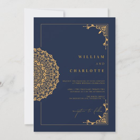 Elegante Mandala Navy en gouden bruiloft Kaart (Voorkant)