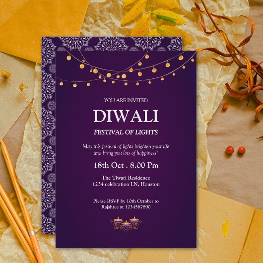 Elegante Mandala Pattern Diyas Paarse Diwali Party Kaart