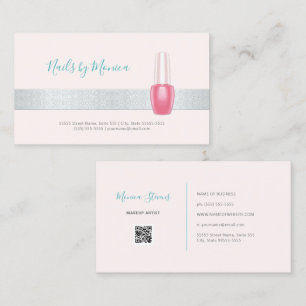 Elegante manicure zilveren streep roze nagellak visitekaartje