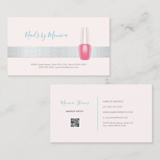 Elegante manicure zilveren streep roze nagellak visitekaartje (Voorkant / Achterkant)