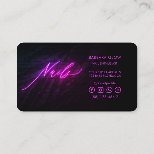 Elegante Manicurist Nail Artist Tech Neon Paarse Visitekaartje (Achterkant)