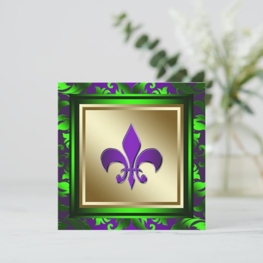 Elegante Mardi Gras Fleur de Lis bruiloft Kaart (Staand voorkant)