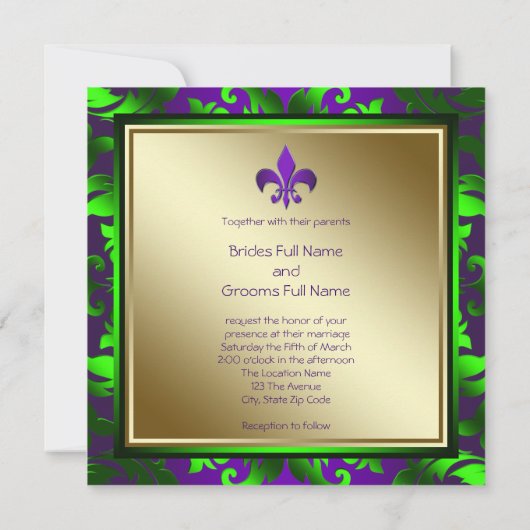 Elegante Mardi Gras Fleur de Lis bruiloft Kaart (Achterkant)