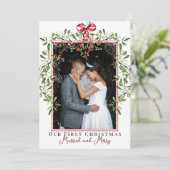 Elegante maretak eerste kerst getrouwde foto feestdagenkaart (Staand voorkant)