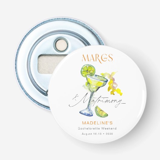 Elegante Margs & Matrimony Meisjesweekend Button Flesopener (Voorkant)