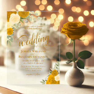 Elegante Marigold & Boter Gele Rozen Bruiloft Acryl Uitnodigingen