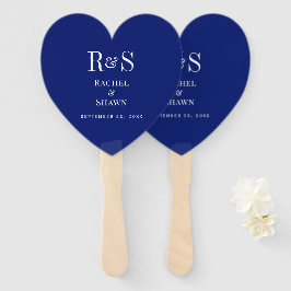 Elegante Marine Blauw Chic Modern Monogram Huwelij Handwaaier