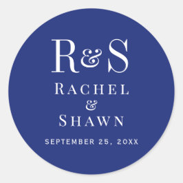 Elegante Marine Blauw Chic Modern Monogram Huwelij Ronde Sticker
